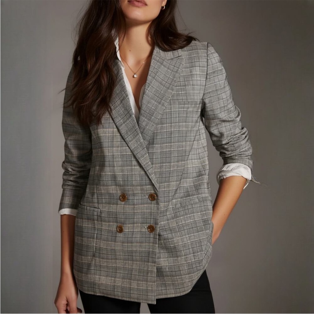 Hutch by Anthropologie Grey Plaid Print Double-Breasted Longline Blazer Sz S